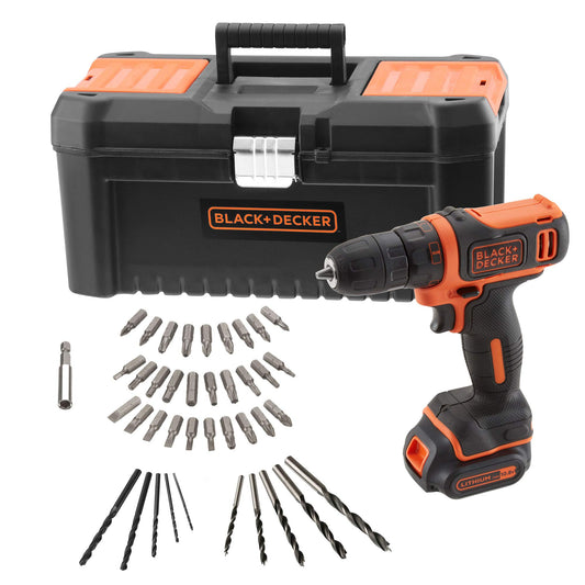 BLACK+DECKER BDCDD121KA-QW akumulatora urbjmašīna 10,8 V, 1,5 Ah akumulators, 40 piederumi, 16 collas instrumentu kaste