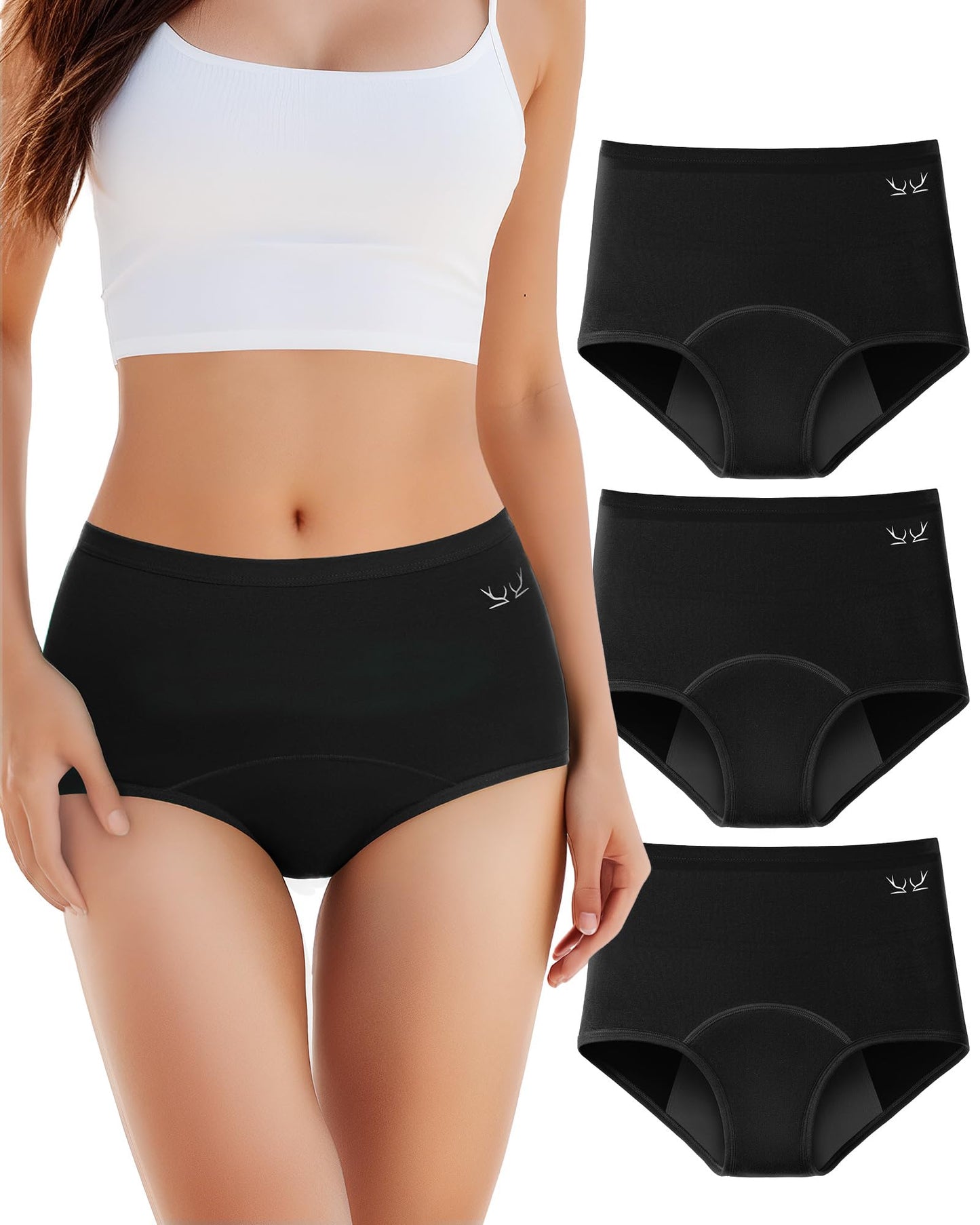 perioda apakšveļa spēcīgai asiņošanai 60ML sievietēm un meitenēm kokvilnas menstruālā apakšveļa, necaurlaidīga, melna, 3 pāru iepakojums M