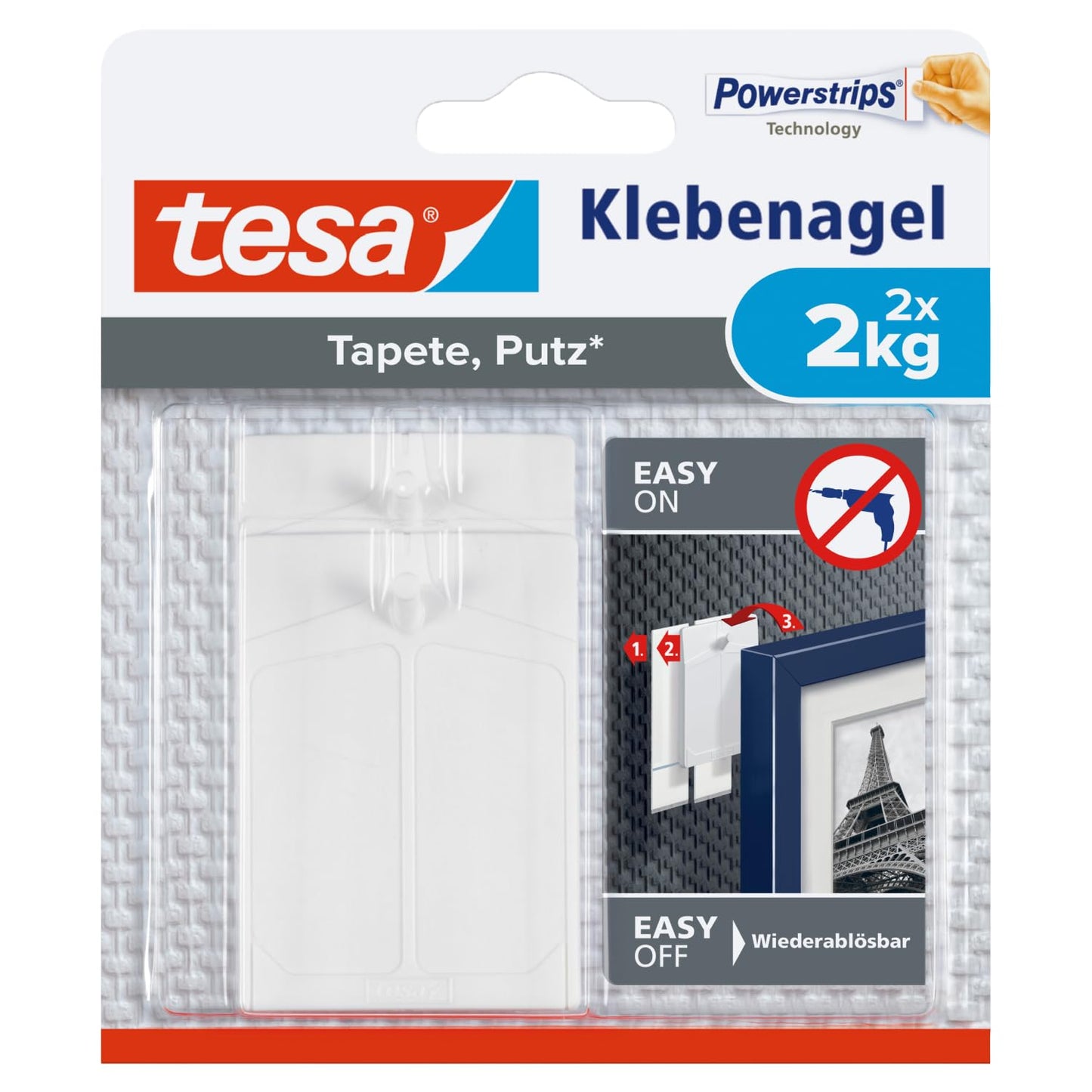 Līmes nagla tesa tapetēm un apmetumam, 2 kg - 2 naglas incl. Powerstrips