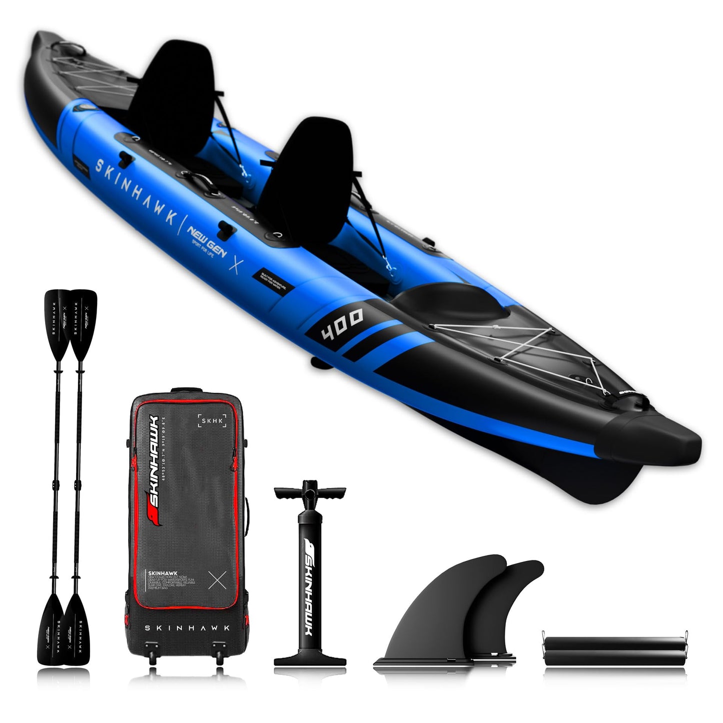Piepūšamais kajaks SKINHAWK Prestige Blau Set 400 400 x 96 cm 2 personām ar alumīnija airi