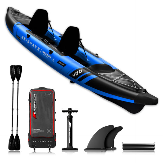 Piepūšamais kajaks SKINHAWK Prestige Blau Set 400 400 x 96 cm 2 personām ar alumīnija airi