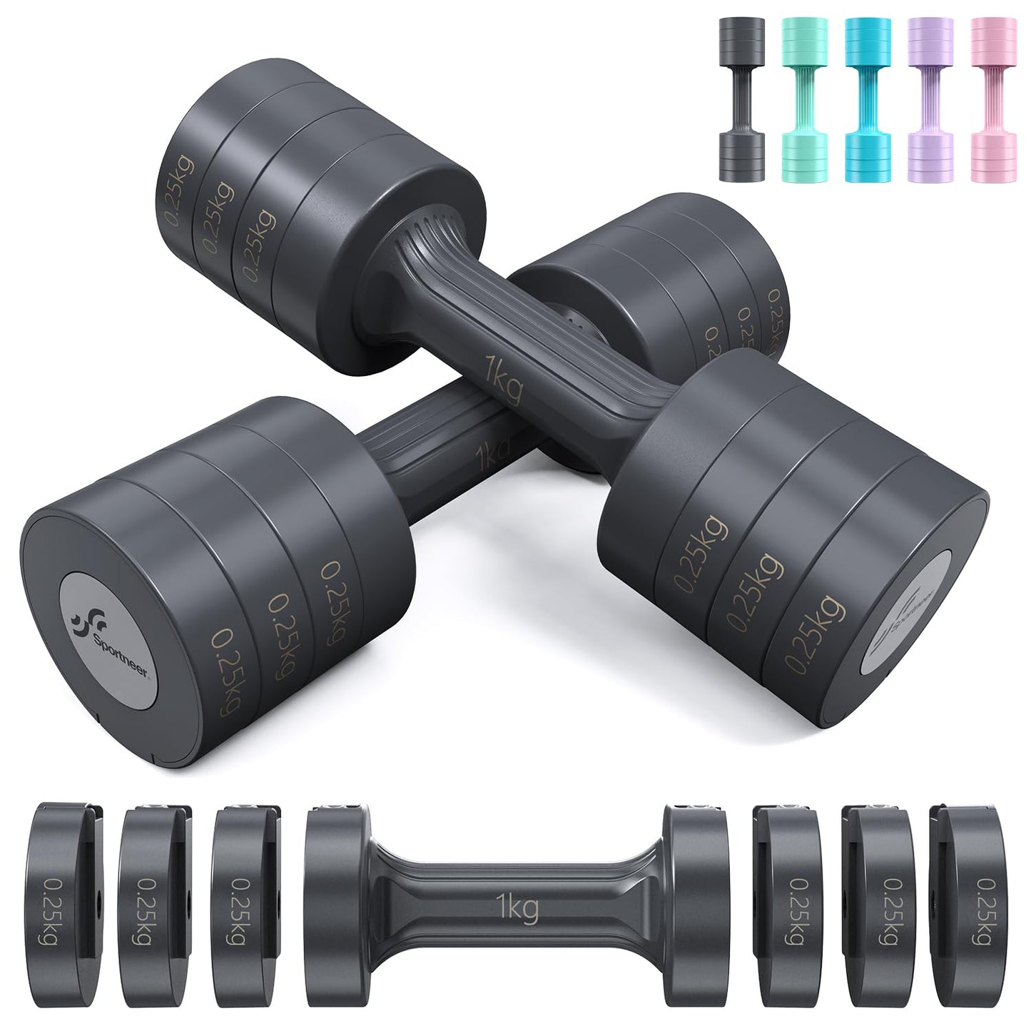 Sportneer regulējamu hanteļu komplekts sievietēm, 4-in-1, 1–2,5 kg katrai hantelē
