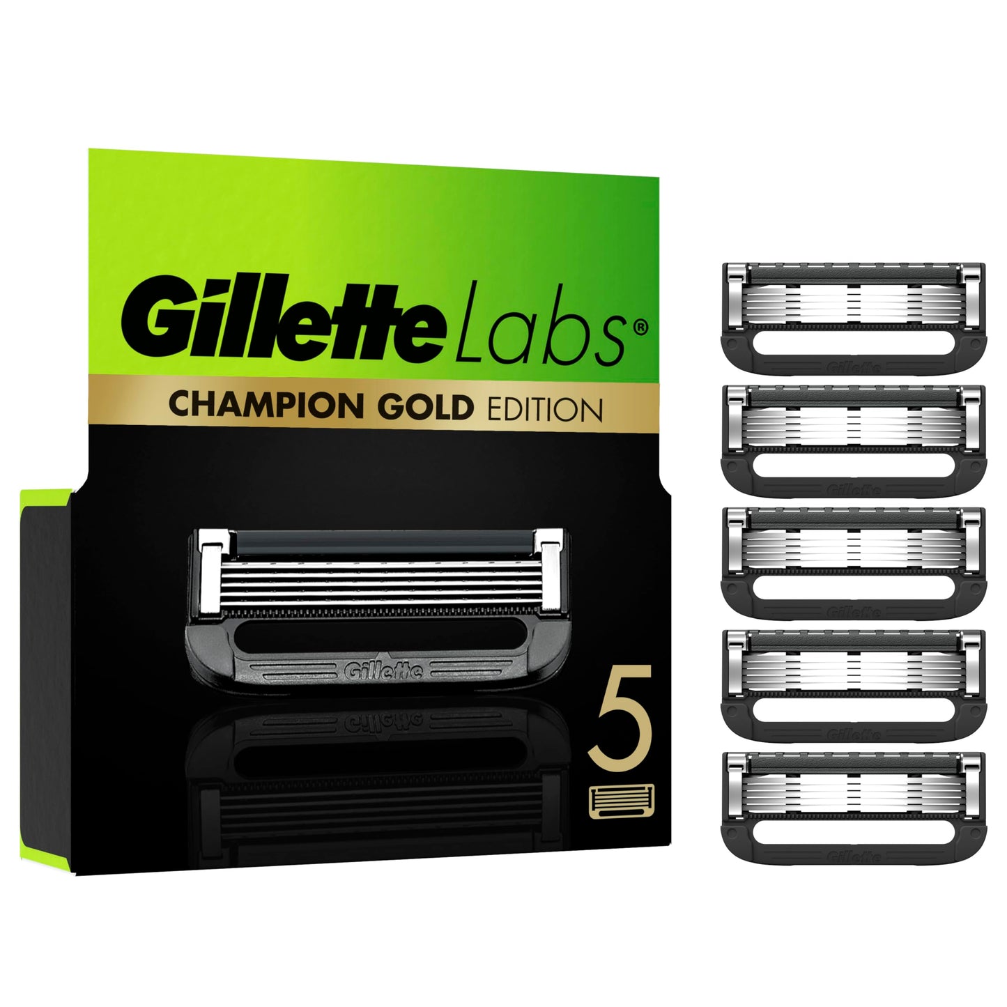 Gillette Labs Champion Gold Edition rezerves asmeņi, saderīgi ar Gillette Labs skuvekļiem ar tīrīšanas elementu, 5 rezerves asmeņi