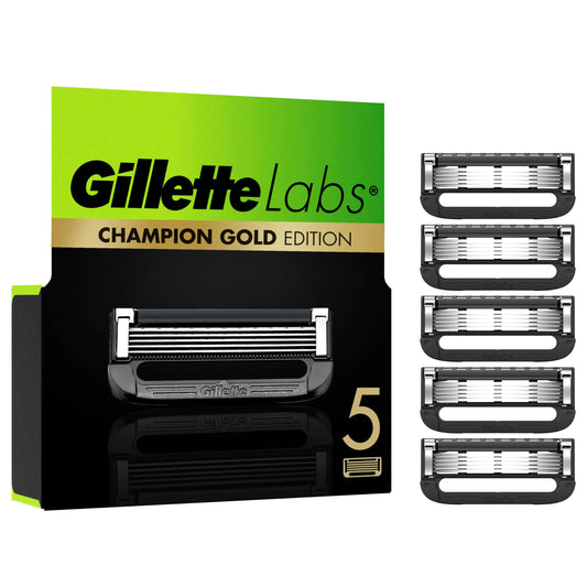 Gillette Labs Champion Gold Edition rezerves asmeņi, saderīgi ar Gillette Labs skuvekļiem ar tīrīšanas elementu, 5 rezerves asmeņi