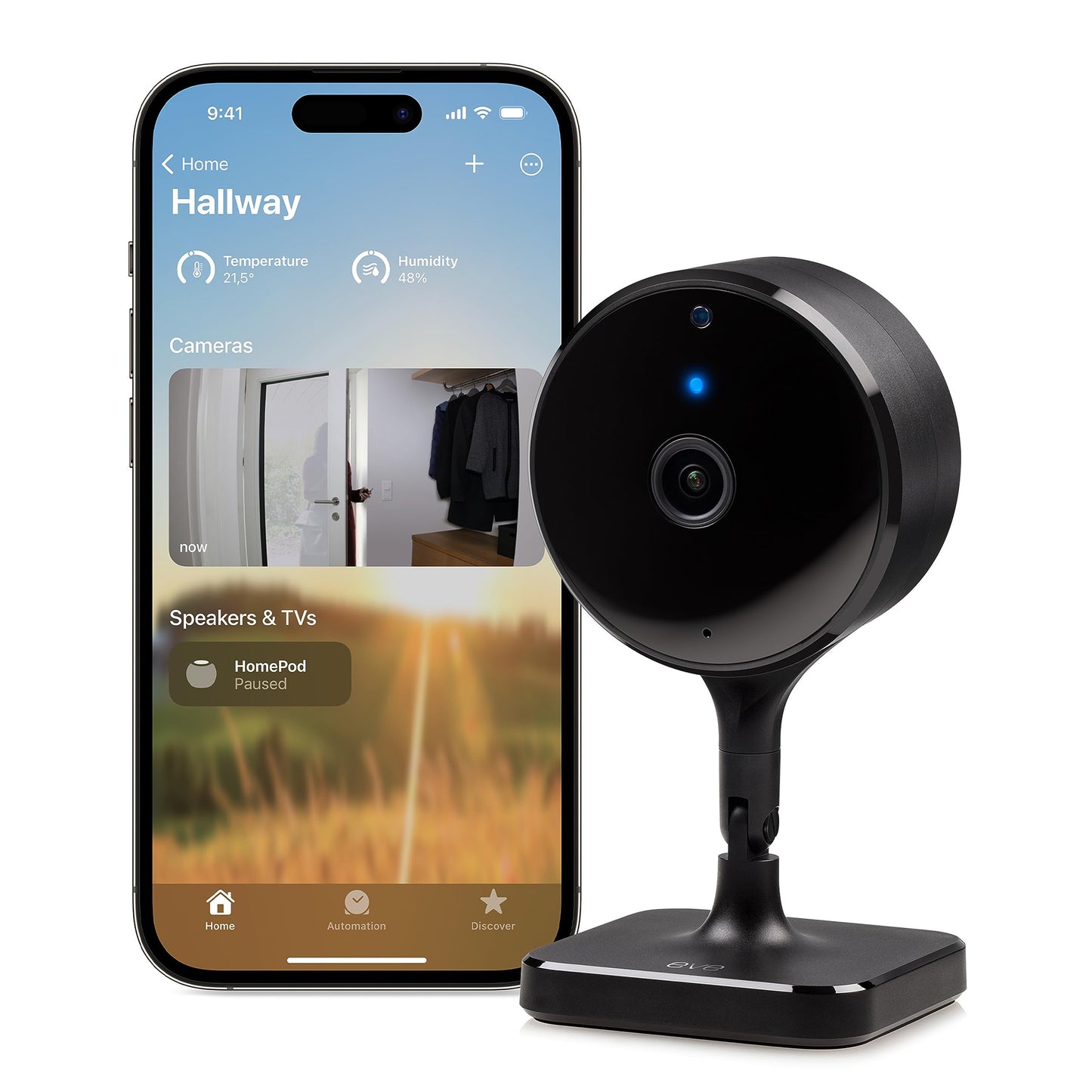 Eve Cam (Apple Home) - Gudrā iekštelpu kamera, 1080p izšķirtspēja, WLAN, 100 procentu privātums, HomeKit drošais video, paziņojums uz iPhone, mikrofons un skaļrunis, nakts redzamība, elastīga uzstādīšana