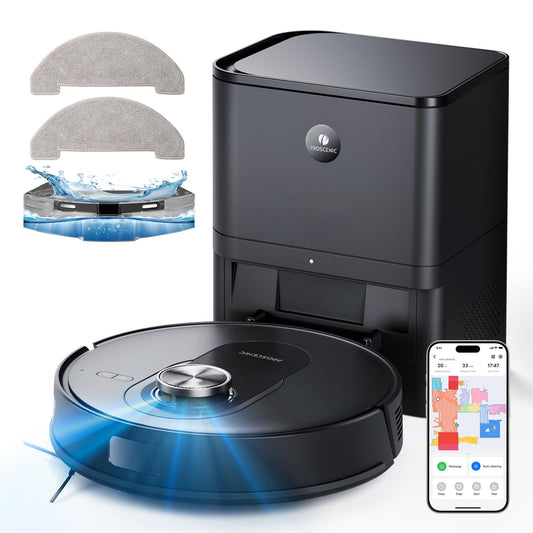 Proscenic Q8 Max robot vacuum - 5000Pa suction, 3L dust bag, 250mL water tank, app control, Alexa, Google, Siri compatible.