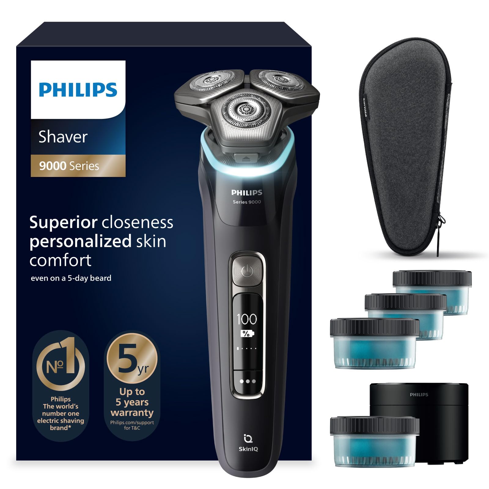 Philips skuveklis S9000 – Elektriskais mitrās un sausās skūšanās skuveklis vīriešiem, melns, Lift & Cut sistēma, SkinIQ tehnoloģija, bārdu trimmeris, tīrīšanas stacija, uzlādes stacija un ceļojumu maciņš (modelis S9976/63)