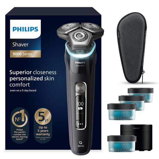 Philips skuveklis S9000 – Elektriskais mitrās un sausās skūšanās skuveklis vīriešiem, melns, Lift & Cut sistēma, SkinIQ tehnoloģija, bārdu trimmeris, tīrīšanas stacija, uzlādes stacija un ceļojumu maciņš (modelis S9976/63)