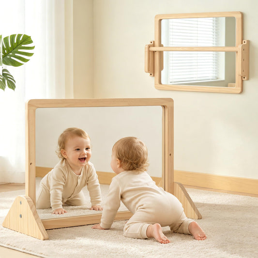 Brezlio Montessori spogulis ar stieni, augstumā regulējams bērnu koka spogulis piecelšanās un iešanas mācībām, drošs sienas spogulis ar pretapgāšanās stieni mazuļiem 6–18 mēneši (60 * 40)