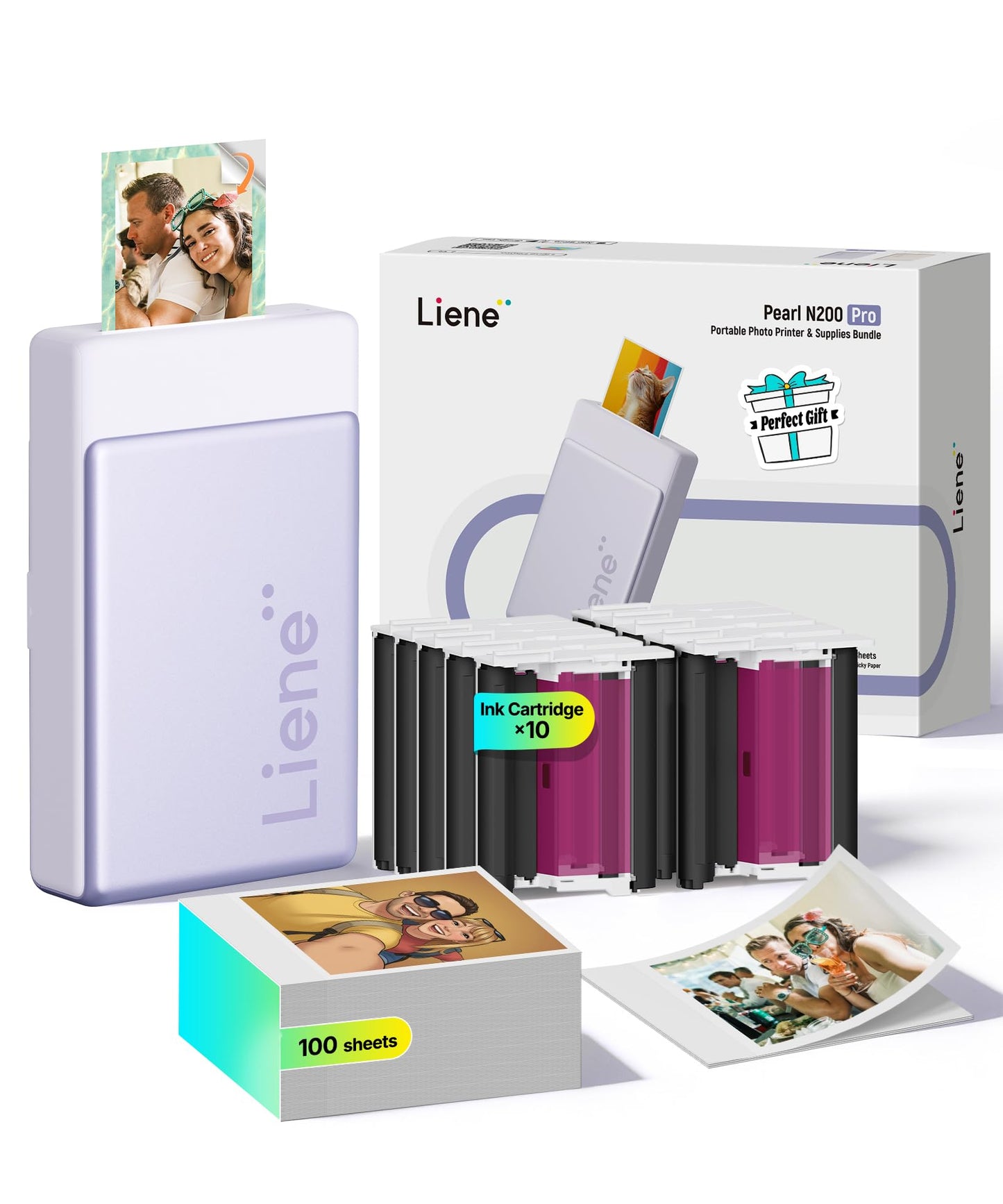 Liene Pearl N200 Pro Plus komplekts, pārnēsājams mini fotoprinteris ar krāsu sublimāciju, ar papildu fotopapīra un lentes komplektu, Bluetooth, 300 dpi, momentfoto printeris iPhone/Android, akumulators, violets