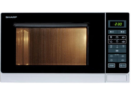 Sharp R342INW Solo mikroviļņu krāsns / 25 L / 900 W / LED displejs / 8 automātiskās programmas / taimeris / svara kontrole atkausēšanai / stikla griešanas plāksne (31,5 cm) / bērnu drošības funkcija / enerģijas taupīšanas režīms / sudraba
