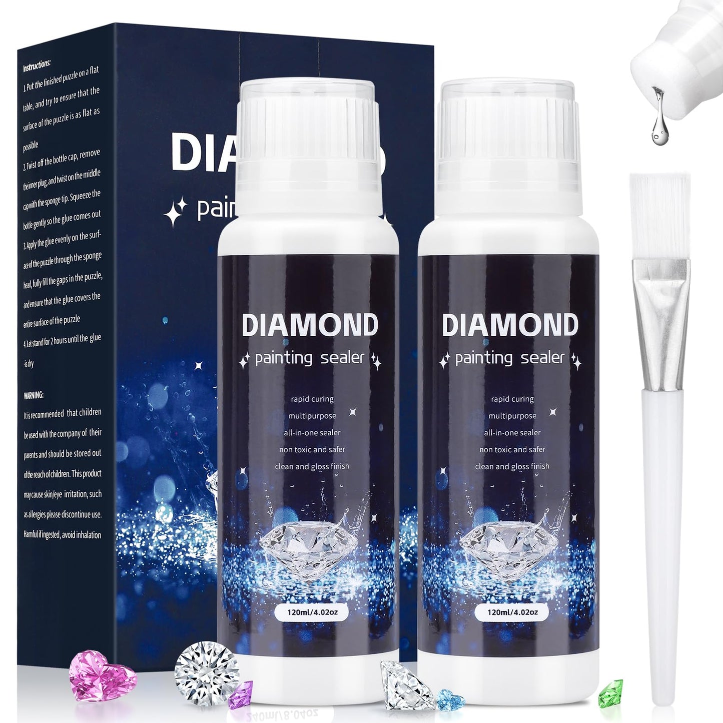 Diamond painting noslēguma līme 2 gab., 240ml caurspīdīgs ātri žūstošs līme ar otu spīdošiem attēliem un stingrai akmentiņu fiksācijai