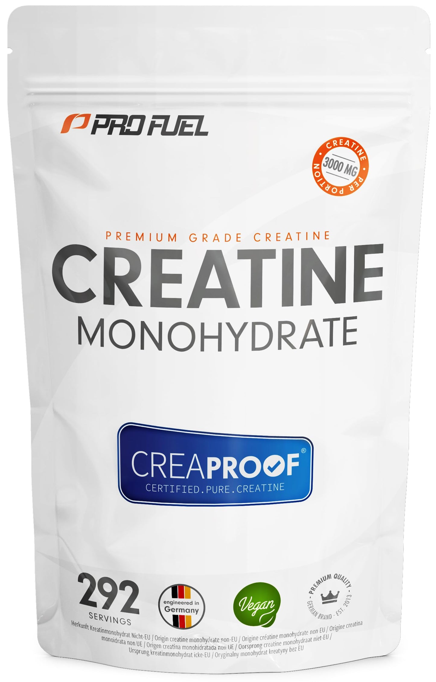 CREAPROOF® kreatīns monohidrāts 1000 g – augstākās tīrības kreatīns ar neatkarīgu laboratorijas analīzi, 3 g kreatīna porcijā, 100% vegāns, 292 dienu krājums