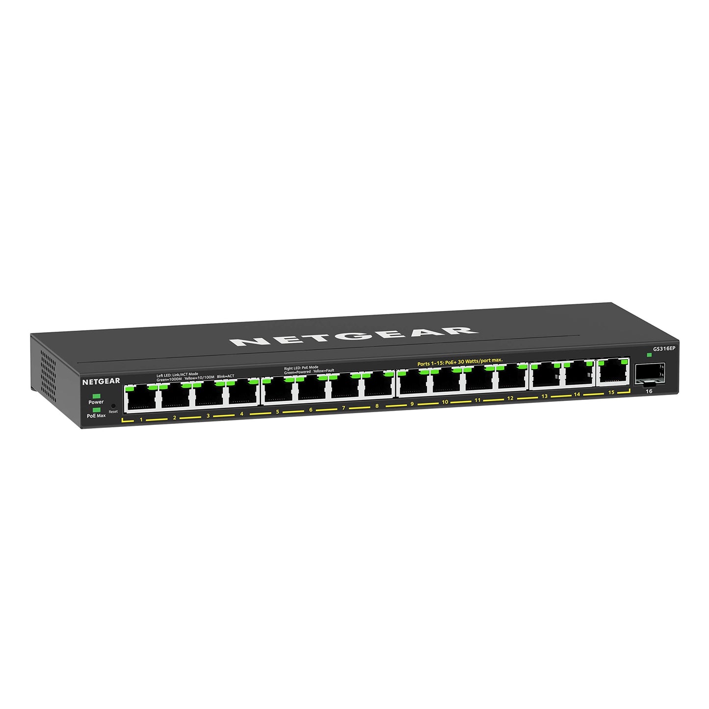 Tīkla slēdzis NETGEAR GS316EP 16 portu Gigabit Ethernet LAN PoE Plus, 15x PoE+ 180W, 1x SFP, pārvaldāms, IGMP Snooping, QoS, VLAN, bez ventilatora