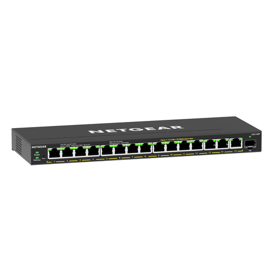 Tīkla slēdzis NETGEAR GS316EP 16 portu Gigabit Ethernet LAN PoE Plus, 15x PoE+ 180W, 1x SFP, pārvaldāms, IGMP Snooping, QoS, VLAN, bez ventilatora