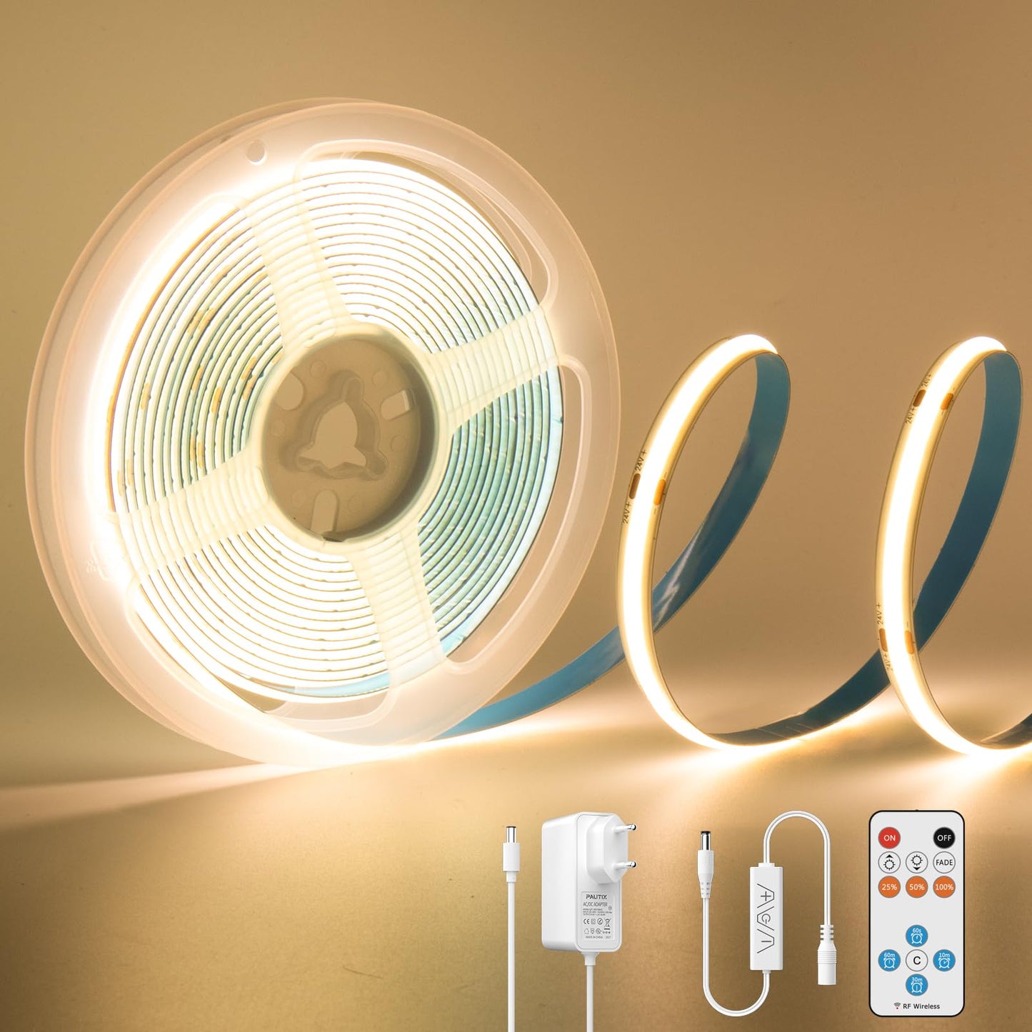 PAUTIX COB LED lente 3M silti balta 2700K, 480LEDs/M 24V regulējama LED lente, komplekts ar RF tālvadību un barošanas bloku, elastīga CRI93+ zemskapju lampa mājas DIY dekoram, taimerfunkcija