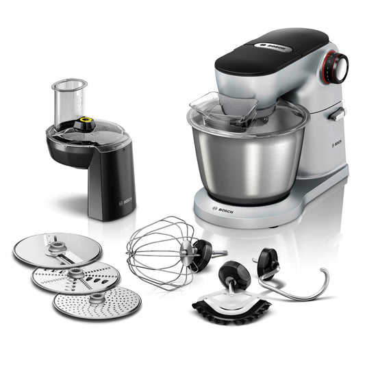 Bosch virtuves mašīna sērija 8 MUM9D33S11, nerūsējošā tērauda bļoda 5,5 L, planētas maisītājs, profesionāls mīcīšanas āķis, putotājs, silikona slotiņa, 7 darba posmi, caurplūdes dārzeņu griezējs, 3 diski, 1600 W, sudrabs