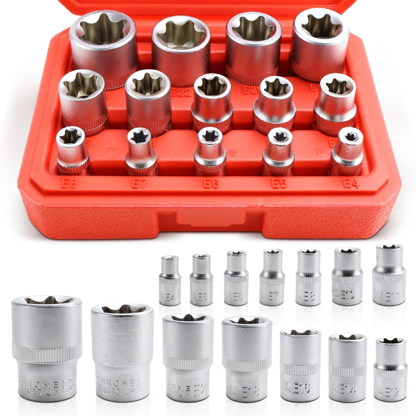 Ārējais Torx uzgaļu komplekts, 14 daļu Torx uzgaļu komplekts 1/2 1/4 3/8 zoll uzgaļi, ārējā Torx E4-E24 uzgaļi no CR-V auto instrumentiem