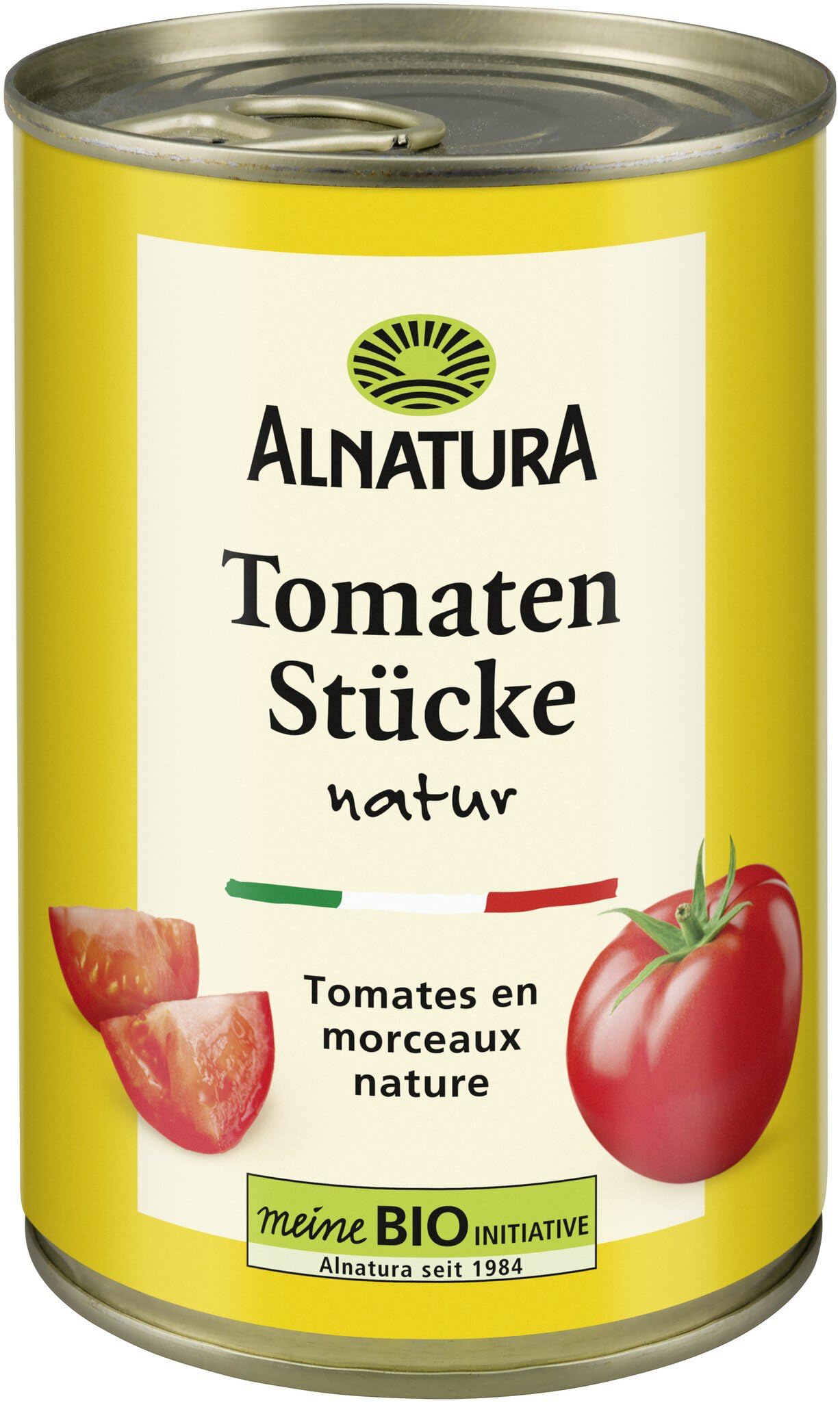 Alnatura Bio tomātu gabaliņi savā sulā, 1 x 400 g, notecinātais svars 1 x 240 g