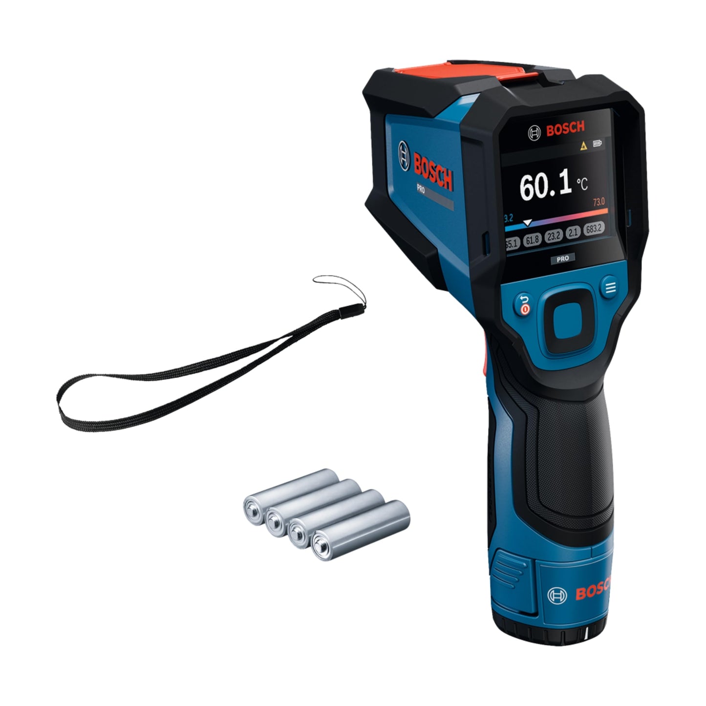 Infrasarkanais termometrs Bosch PRO GIS12V‑700‑14, liels grafiskais displejs, IP54, aizsardzība pret kritieniem no 2 m, Dual‑Power, ar AA1 bateriju adapteri un AA baterijām