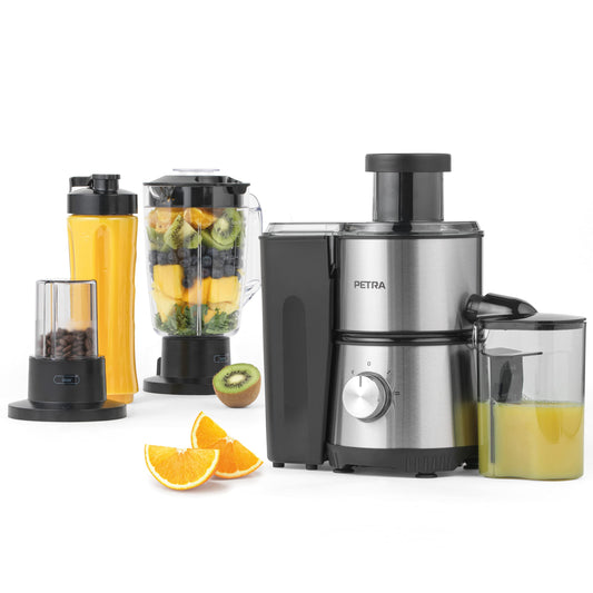 Petra PT4294VDEEU7 4-in-1 centrifūgas sulu spiede - 1L mikseris, 350ml trauks, 600ml pudele, 2 ātrumi, 400W jauda