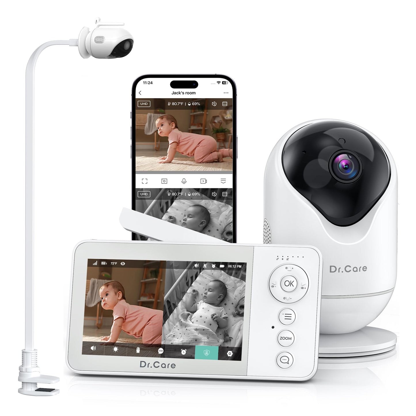 Dr.Care 4 Zoll WLAN babyphone ar kameru, 1080p, lietotni un stiprināšanas kronšteinu