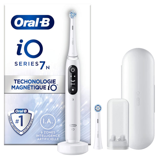 Oral-B iO 7N elektriskā zobu birste, balta, ar Bluetooth, 2 uzlikamām birstēm, 1 ceļojuma maciņš