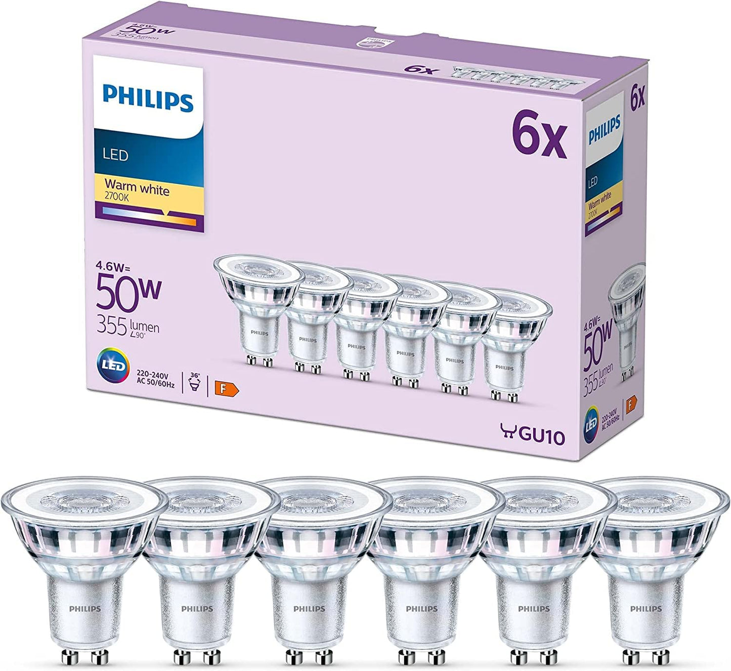 LED spuldzes Philips Classic GU10, 6 gab., 50 W, PAR16, silti balta gaisma, EyeComfort, energoefektīvas