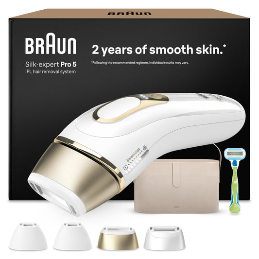 Braun IPL Silk·expert Pro 5 – IPL ierīces matu noņemšanai, ilgstoša un bezsāpīga matu noņemšana mājās – iepakojums ar Gillette Venus skuvekli, 4 uzgaļi, izstrādāts Vācijā – PL5342, balts/zelts