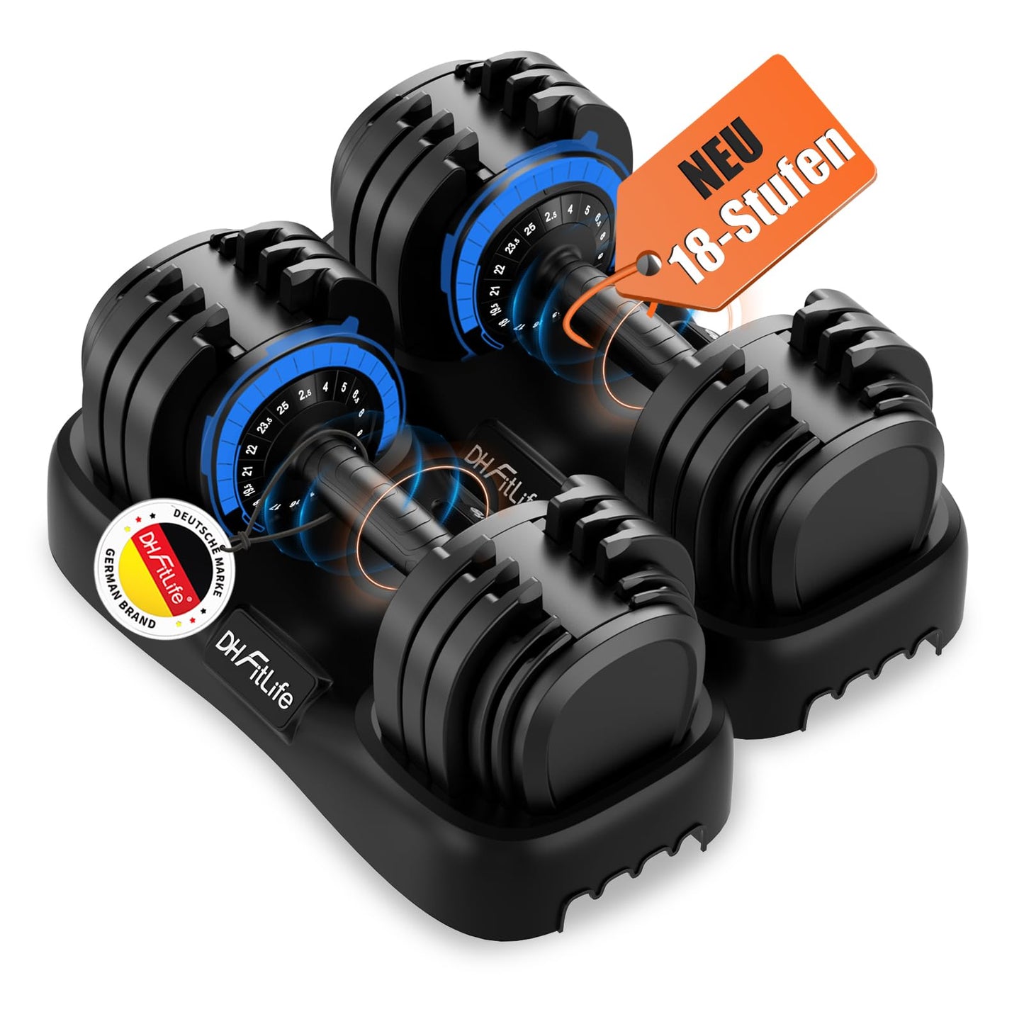 Regulējamas hanteles DH FitLife 2026 Neu, 2,5 līdz 25 KG, 18 svara pakāpes, hanteļu komplekts vīriešiem un sievietēm (NEU! 25KG X 2)