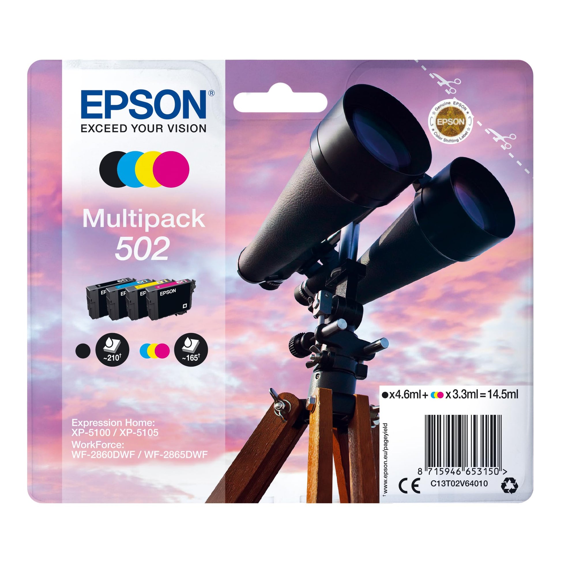 Epson 502 tinte - 4 krāsas komplekts, saderīgs ar XP-5100, XP-5150, WF-2860DWF, ReadyPrint Flex tarifiem