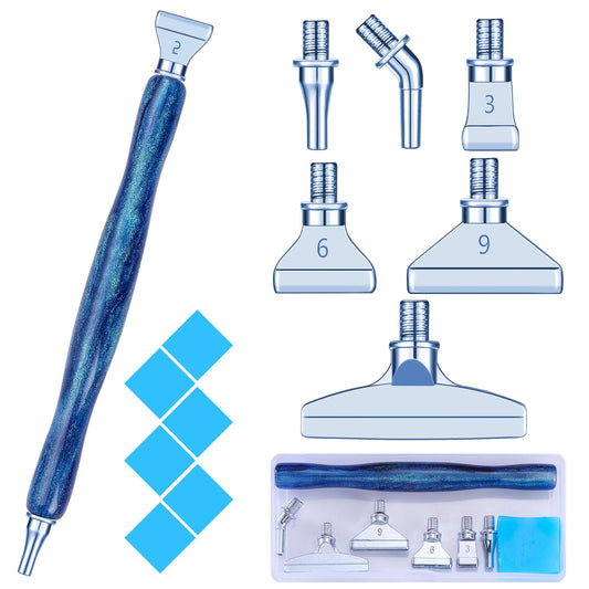 Diamond painting pildspalvas metāla uzgaļi Snewvie, komplekts ar 1 stila 5D drill pen un 6 zilām metāla rezerves galviņām