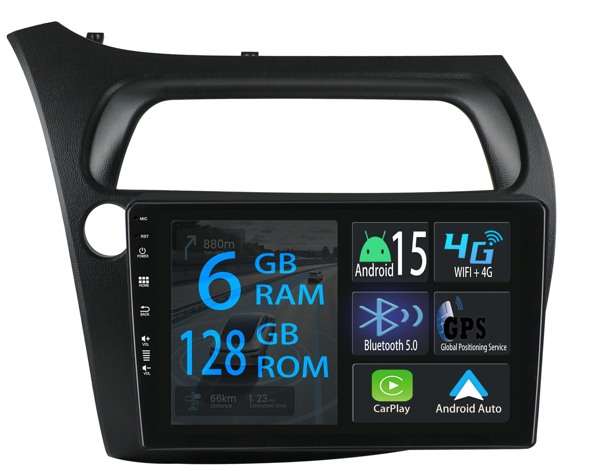 Android auto magnetola Honda Civic VIII 2006-2011, Keconsing 9 Zoll Android 15, 6GB+128GB, CarPlay, bezvadu Car Play, GPS, Bluetooth, navigācija