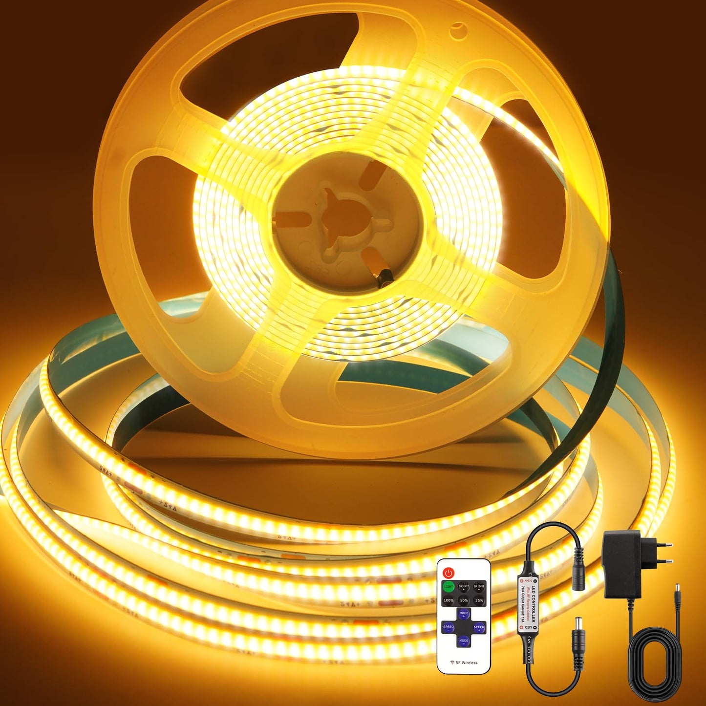 LED lente PSTAR COB 3 m Warmweiß 2700K, 24V, dimmējama, TV fona apgaismojums, elastīga LED sloksne ar RF tālvadības pulti displejiem, zem virtuves skapjiem, kāpnēm un guļamistabai, 320 LED/m