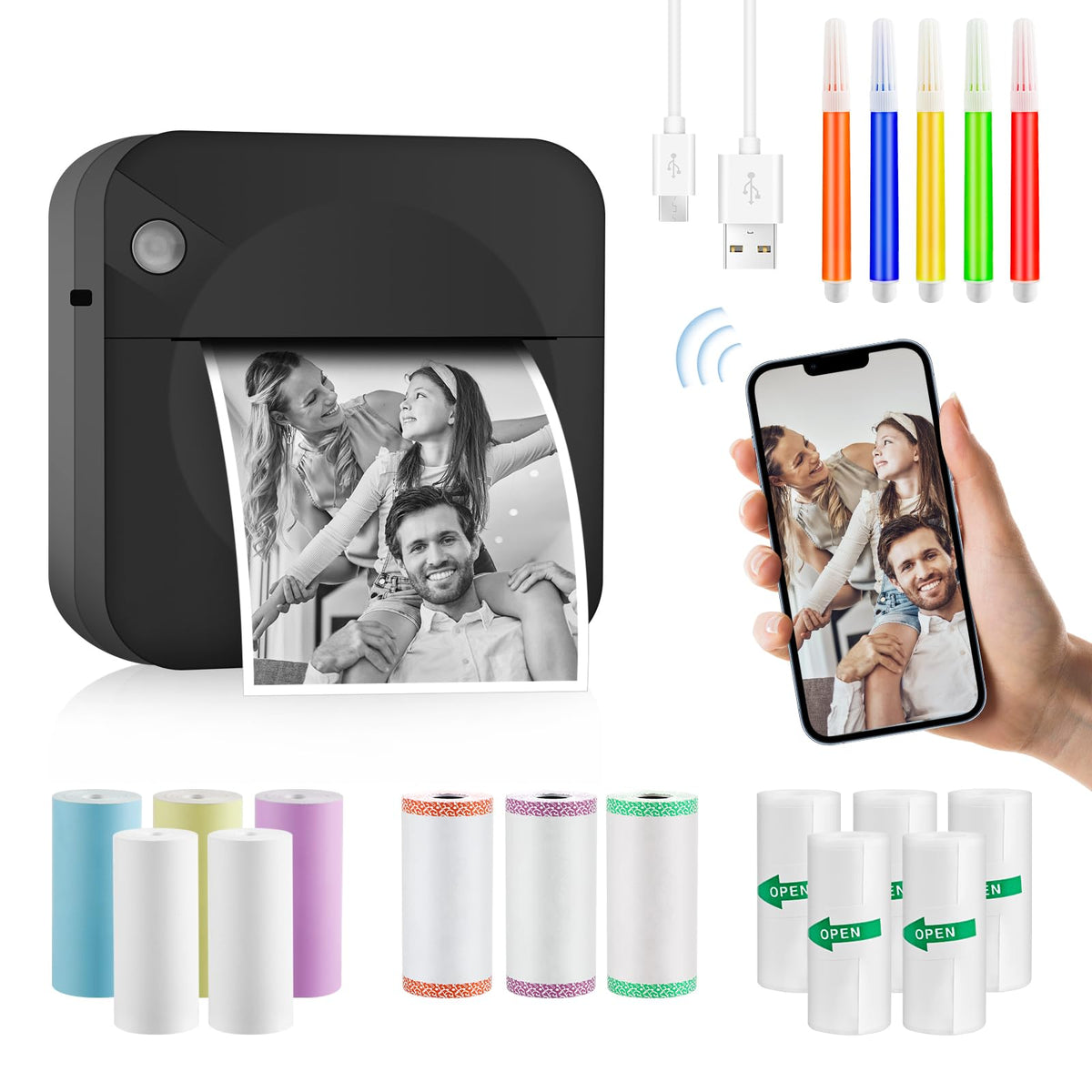Mini fotoprinteris GuKKK, mobilais termoprinteris, bezvadu Bluetooth printeris viedtālrunim, ar 13 papīra ruļļiem un 5 krāsainiem zīmuļiem, pārnēsājams sarakstiem, žurnālam