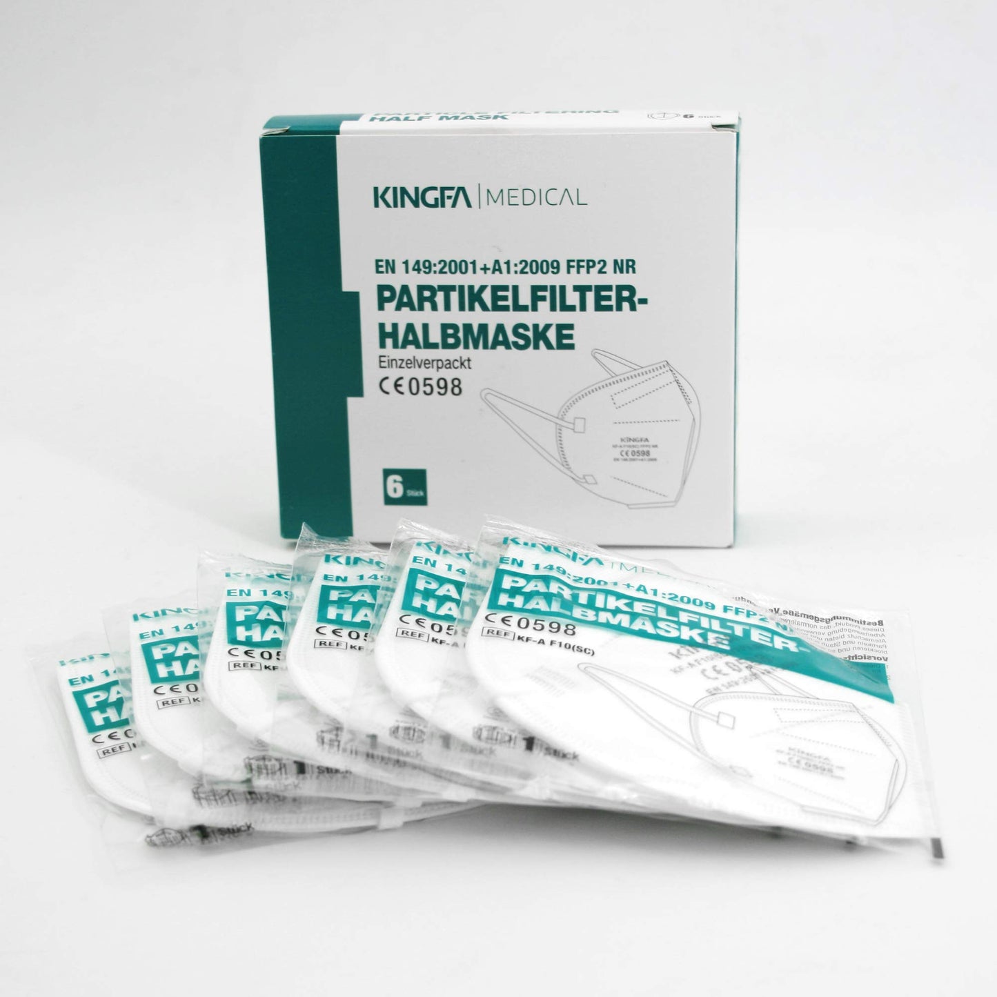 Kingfa FFP2 6 gab. kaste CE0598 aptiekas versija, individuāli iepakota elpošanas maska ar ausu cilpām, 6 maskas kastē, individuāli iepakotas, KINGFA NR EN149:2001+A1:2009
