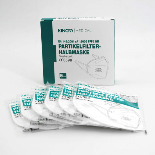Kingfa FFP2 6 gab. kaste CE0598 aptiekas versija, individuāli iepakota elpošanas maska ar ausu cilpām, 6 maskas kastē, individuāli iepakotas, KINGFA NR EN149:2001+A1:2009