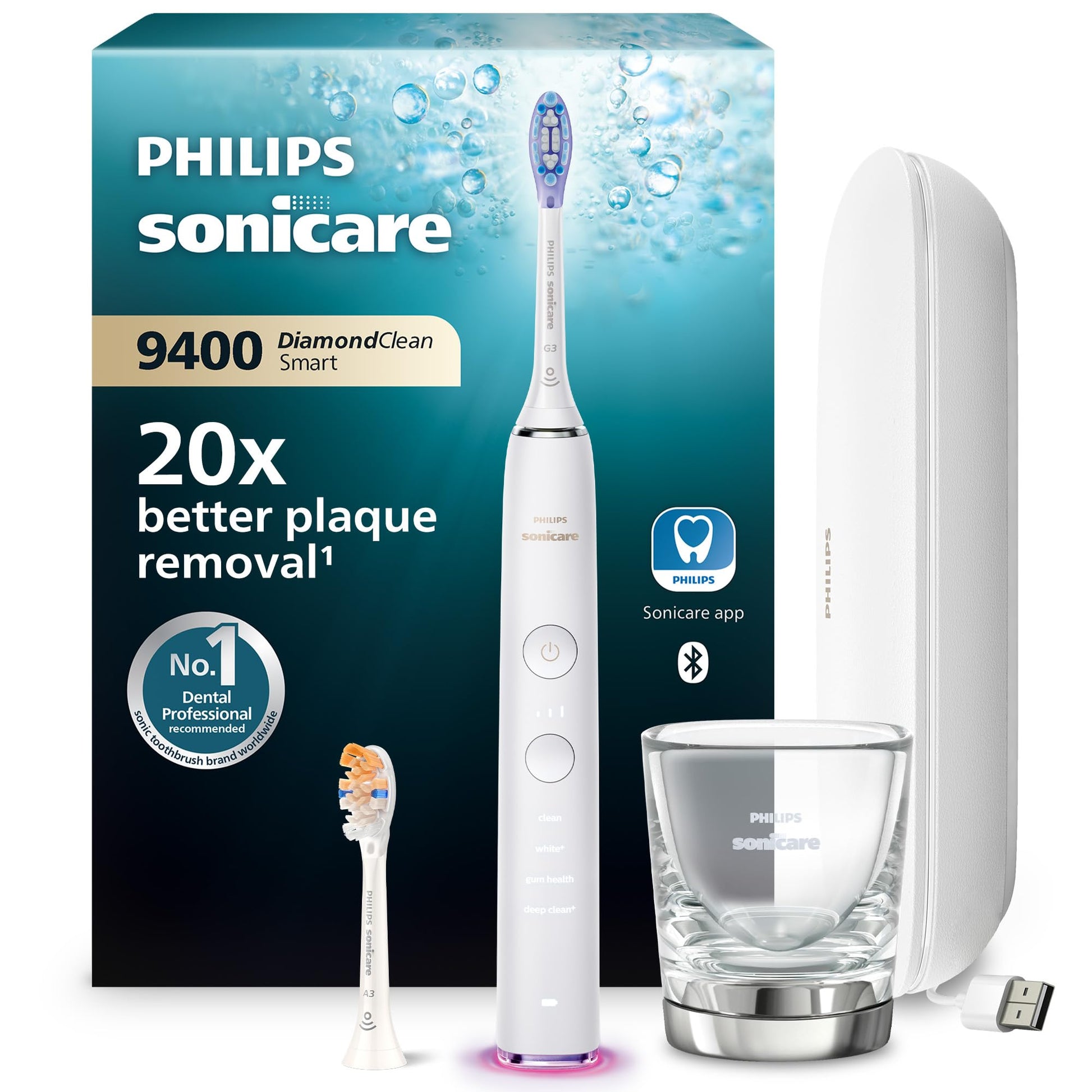 Philips Sonicare DiamondClean Smart 9400 elektriskā zobu birste, skaņas zobu birste ar lietotni, spiediena sensors, suku galviņu atpazīšana, 4 tīrīšanas režīmi un 3 intensitātes līmeņi, balta, modelis HX9917/88