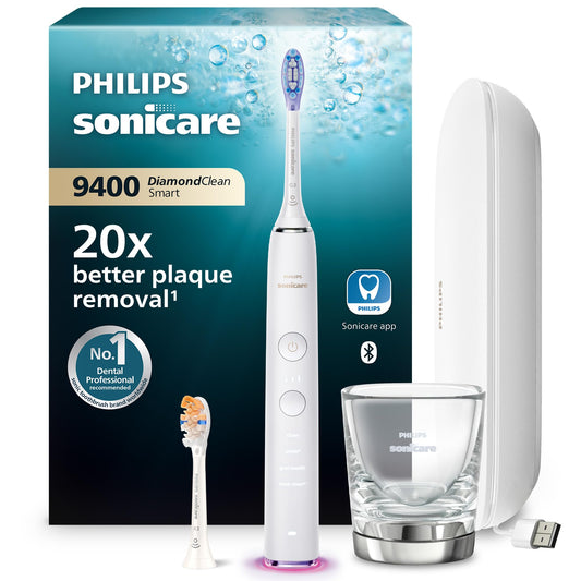 Philips Sonicare DiamondClean Smart 9400 elektriskā zobu birste, skaņas zobu birste ar lietotni, spiediena sensors, suku galviņu atpazīšana, 4 tīrīšanas režīmi un 3 intensitātes līmeņi, balta, modelis HX9917/88