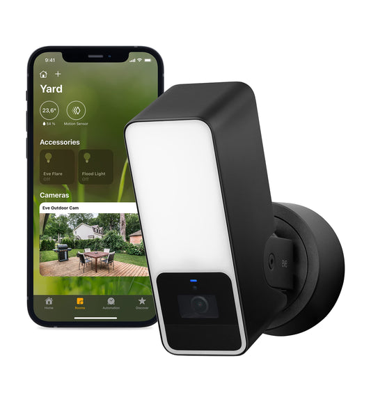 Eve Outdoor Cam – Gudrā uzraudzības kamera ar prožektoru, nakts redzamību, kustību sensoru, divvirzienu audio, elastīgu uzstādīšanu, Wi-Fi, augstāko datu aizsardzību, pateicoties Apple HomeKit Secure Video.