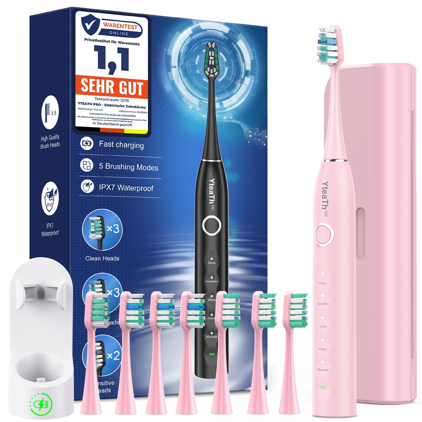 Elektriskā zobu birste, skaņas zobu birste pieaugušajiem un bērniem, Electric Toothbrush ar 8 birstes uzgaļiem (3 veidi) un taimeri, 5 tīrīšanas režīmi, ceļojuma futrālis, 120 dienu akumulatora darbības laiks, 50,000vpm