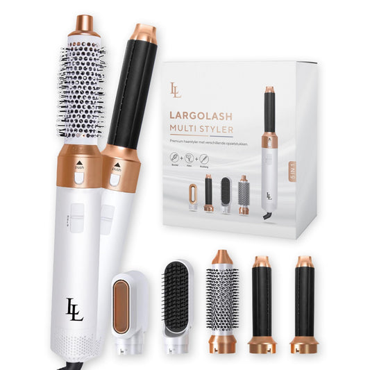 Largolash 5 in 1 Siltā gaisa suka komplekts, ātri žūstoša fēna suka, siltā gaisa cirtņu suka, 3 temperatūras, automātiskā apvēršanas cirtņu uzgalis, negatīvās joni, 1000 vati, nav siltuma bojājumu (balts zelts)