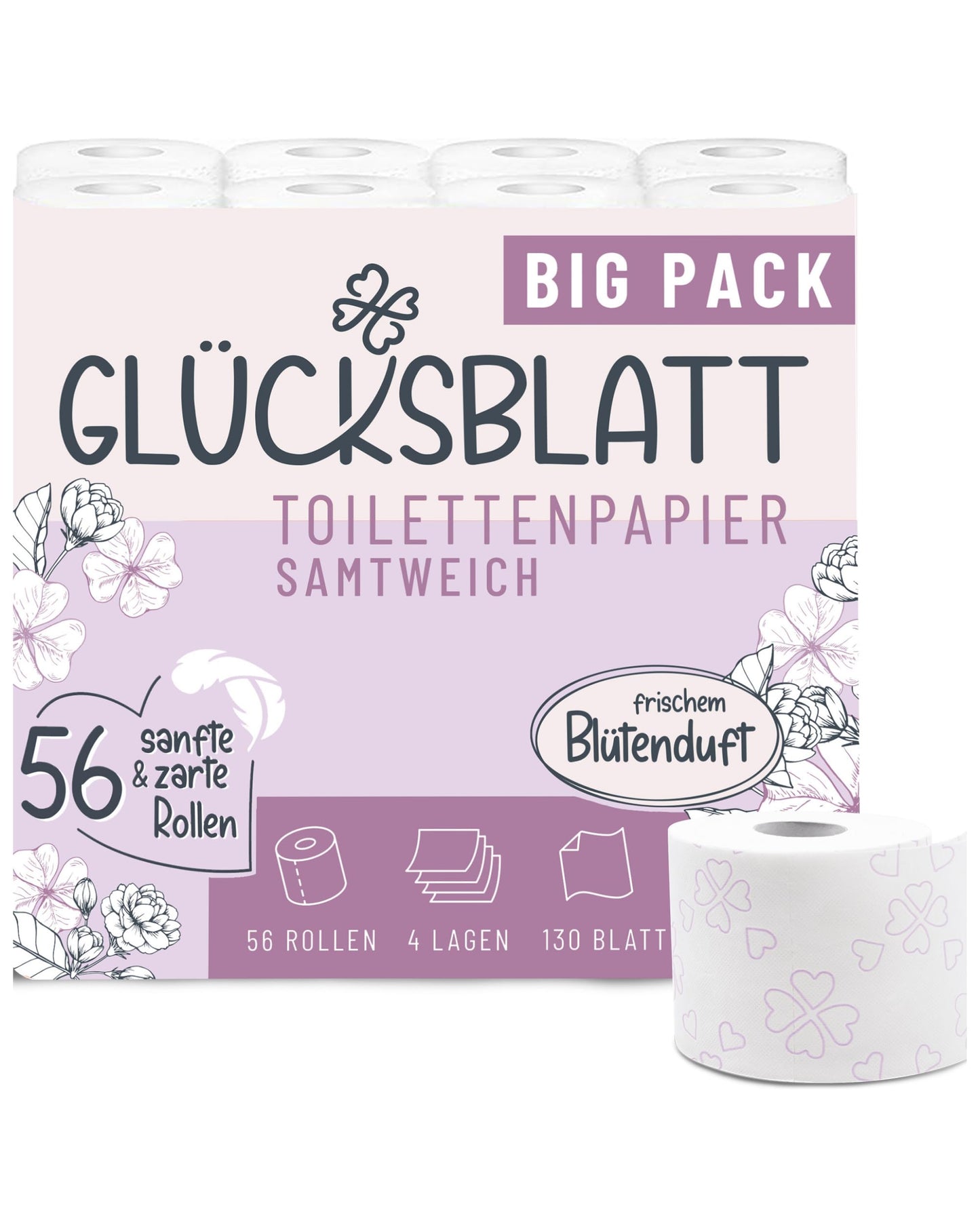 Tualetes papīrs Glücksblatt, 4 kārtas, 56 ruļļi x 130 loksnes, ziedu aromāts