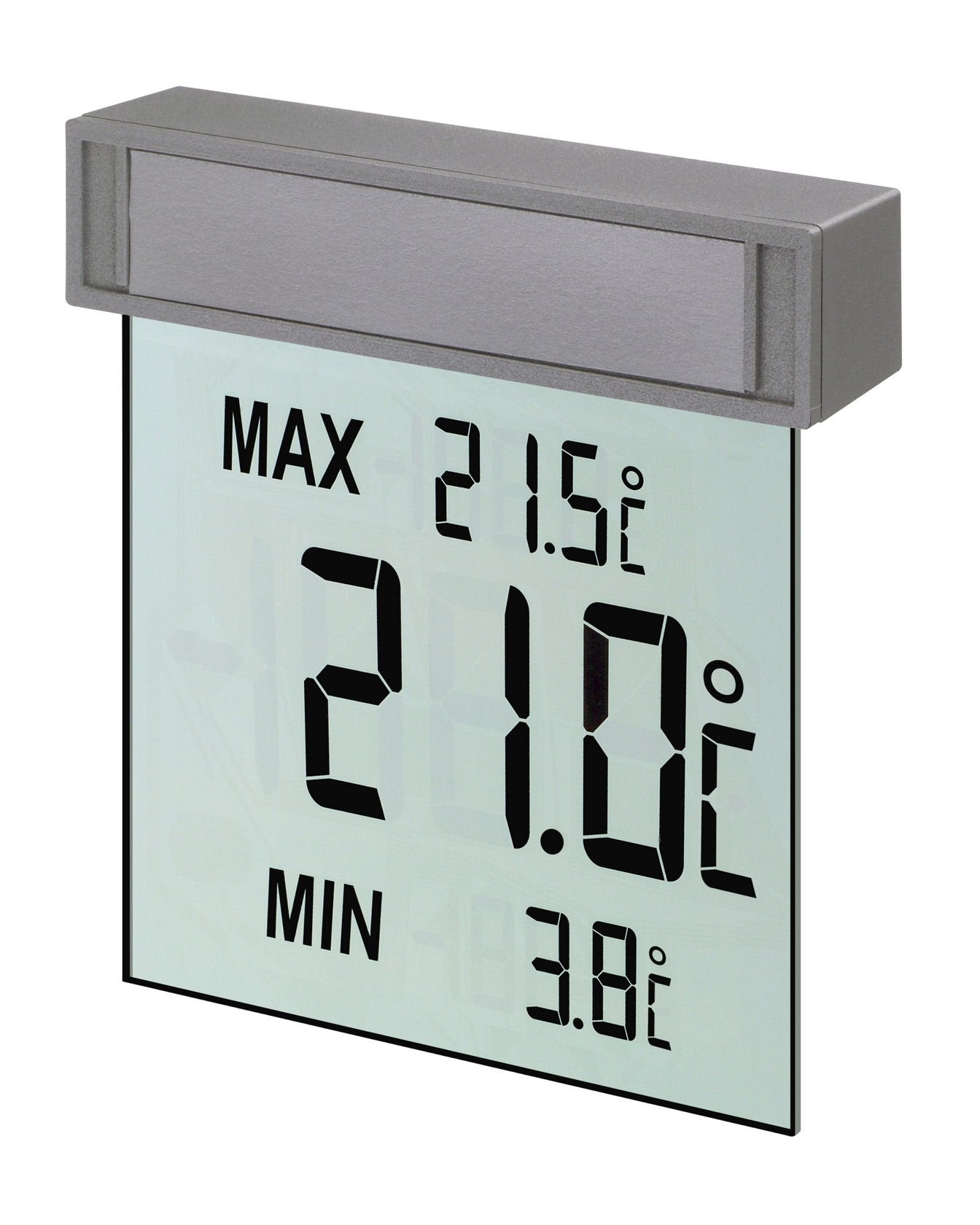 Digitāls loga termometrs TFA Dostmann Vision 30.1025, pašlīmējošs, liels displejs ar āra temperatūru, maksimālās un minimālās vērtības, 97 x 22 x 105 mm, sudraba krāsā