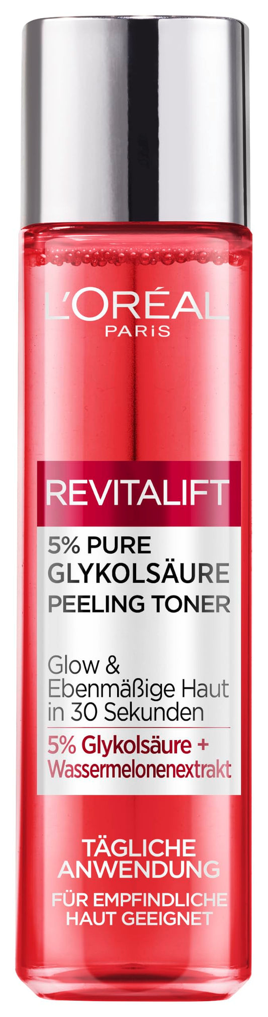 Sejas toniks ar pīlinga efektu L'Oréal Paris sievietēm, noņem atmirušās ādas šūnas un uzlabo ādas tekstūru, mazina pigmentācijas plankumus, 5% tīra glikolskābe, arbūzu ekstrakts, alveja, 1x 180ml