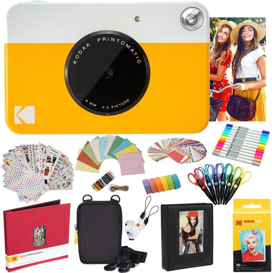 KODAK Printomatic tūlītēja kamera - dzeltena, pilns komplekts ar Zink papīru, futrāli, fotoalbumu un uzlīmju komplektiem.