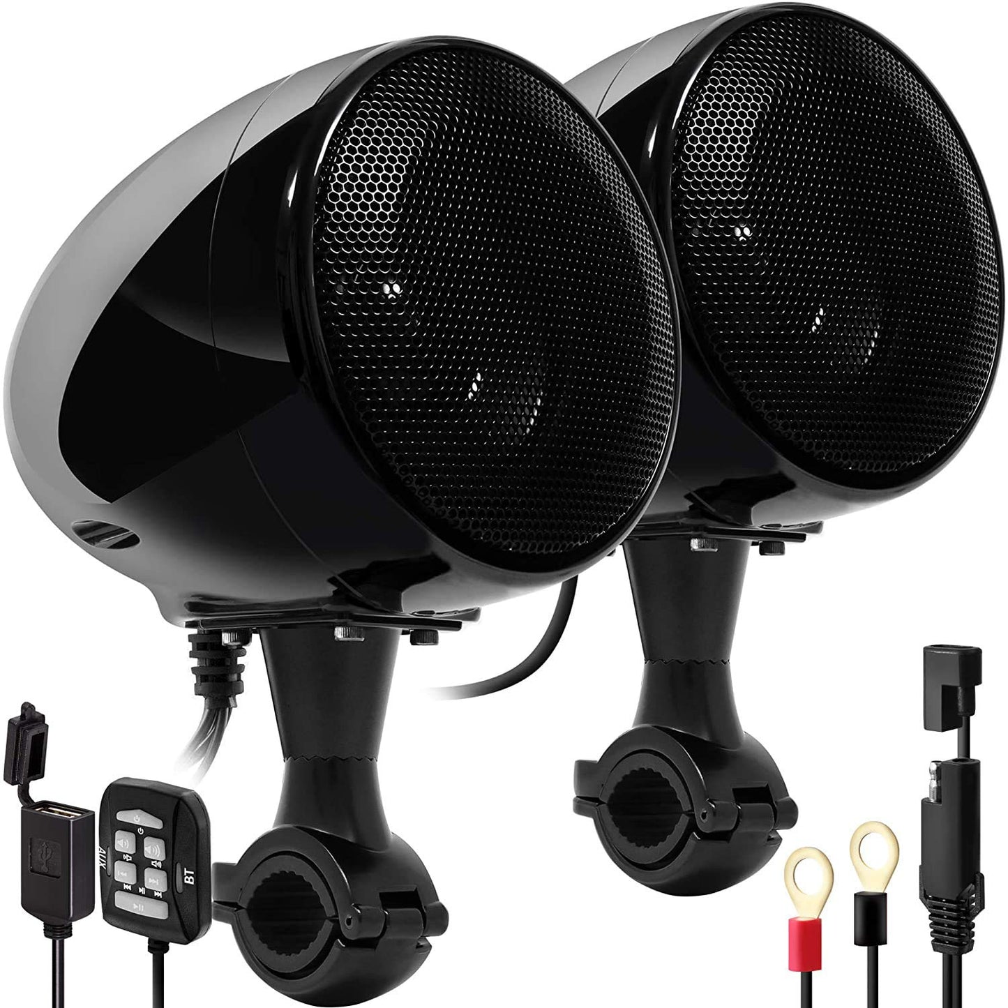 Motocikla Bluetooth skaļruņi Aileap SPK350X 4 Zoll pilna diapazona ūdensizturīgi ar pastiprinātāju, ATV RZR UTV Quad, melni ar režģi