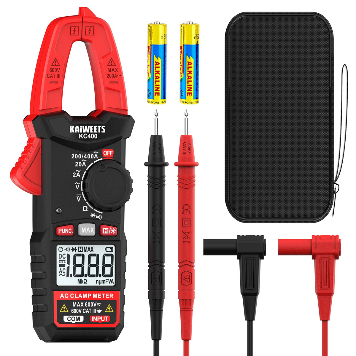 Digitālie strāvas knaibles KAIWEETS KC400, pārnēsājams ampermetrs 400A AC, 600V AC/DC, 2000 skaitījumi, automātiska diapazona sprieguma testers, mērītājs strāvai, spriegumam, pretestībai, nepārtrauktībai un diodei