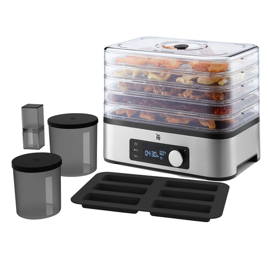WMF virtuves mini dehidrators nerūsējošā tērauda, dehidrators ar 5 ievietojamām plauktiem, 30-70°C, 24 stundu taimeris, augļu žāvētājs, dehidrators, 2 kastes, musli batoniņu forma, bez BPA