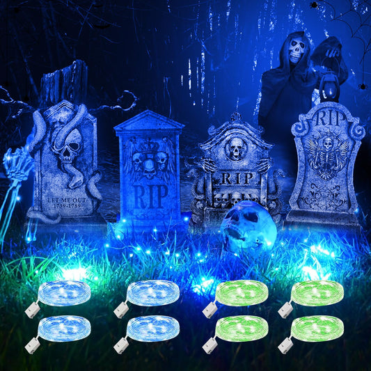 Halloween kapakmeņu dekorācija Efymosce 4 gab. ar 8 gab. 3 m LED gaismiņu virteni, ūdensizturīgi kapakmeņu vairogi, dekorāciju komplekts zālienam, pagalmam, pagalmam, haunted kapsētai, zombiju ballītei